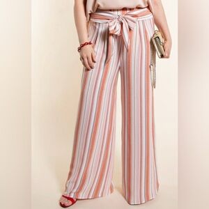 B75 PLUS SIZE STRIPE PANTS BACK SMOCKING WAIST TIE RED NEW